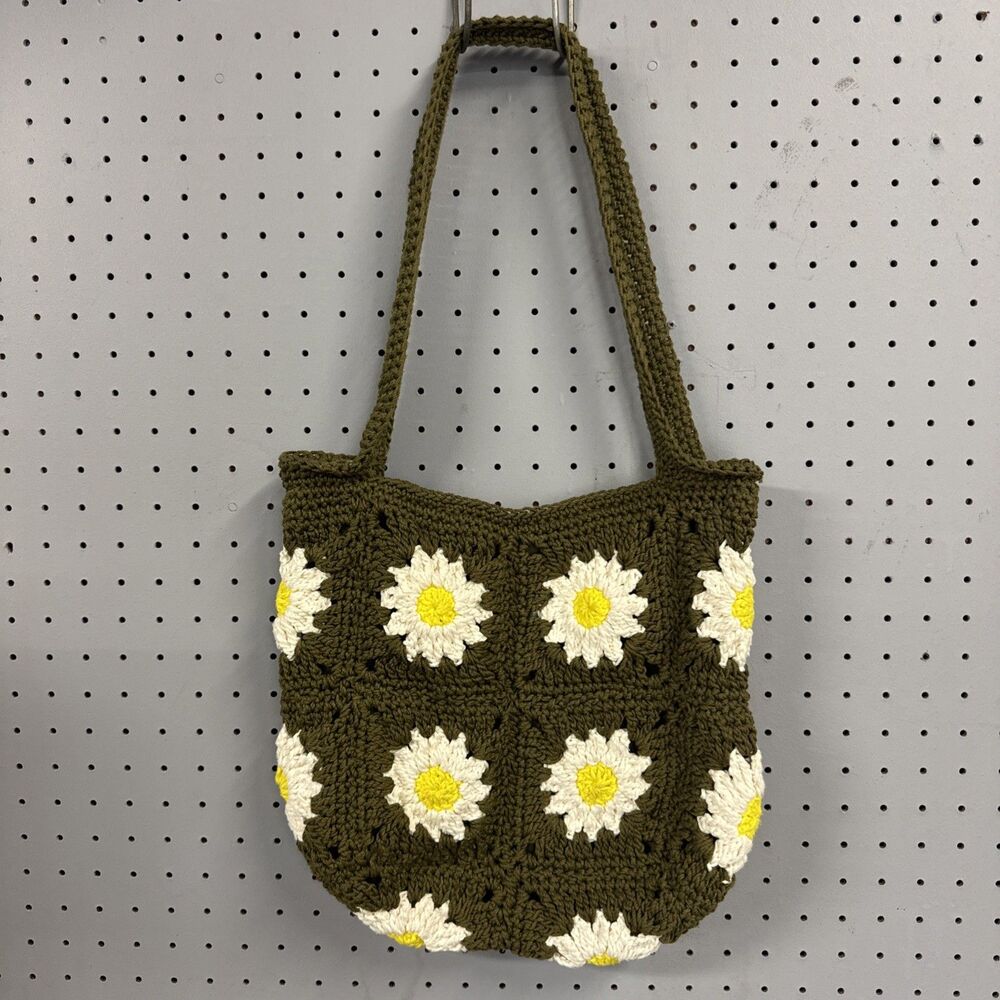 Handmade Crochet Shoulder Bag Granny Tote Lined With Zipper, Knit Purse